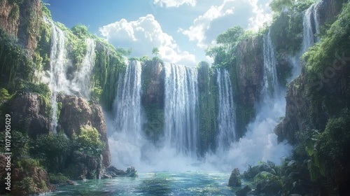 Towering waterfall against rugged cliffs, water crashing down with mist clouds at the base, vibrant greenery all around