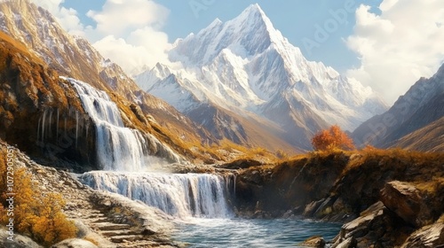 The remote and hidden Sufi Waterfall in the Tibetan Plateau, flowing through snow-capped peaks