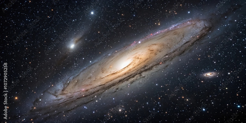 The Andromeda Galaxy is visible as a faint but large spiral-shaped galaxy against the backdrop of a stunning starry night sky, spiral galaxy, night sky, cosmos, galactic plane The Andromeda Galaxy is visible as a faint but large spiral-shaped galaxy against the backdrop of a stunning starry night sky, spiral galaxy, night sky, cosmos, galactic plane