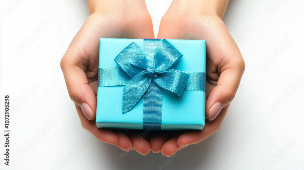 3D female hands holding a gift box with ribbon bow aerial top view blue turquoise background. design for card present celebration birthday greeting material