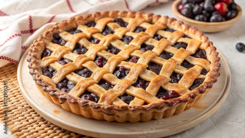 A golden-brown lattice crust filled with a rich blueberry mixture, a classic dessert baked to perfection