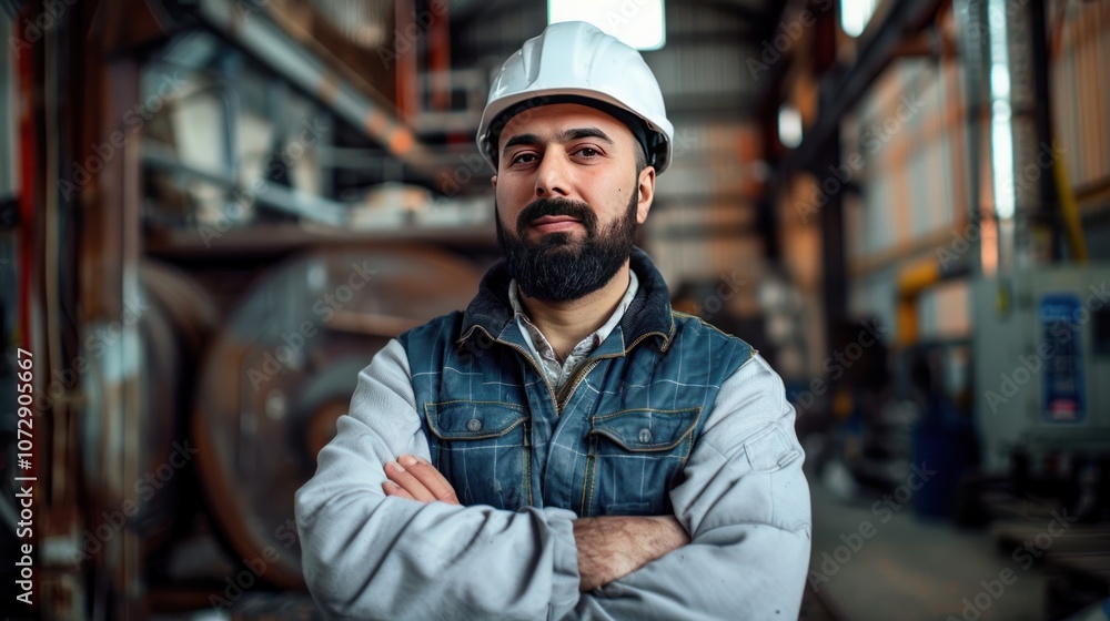 Confident worker in a hard hat standing in an industrial setting. Confident worker in a hard hat standing in an industrial setting.