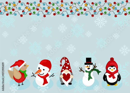 Christmas Characters Border, Winter Animals and Snowman, Festive Holiday Illustration, Cute Christmas Scene photo