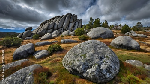 Majestic rock formations rise dramatically against a cloudy sky in a serene landscape during late afternoon light. Generative AI photo