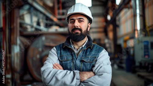 Confident worker in a hard hat standing in an industrial setting.