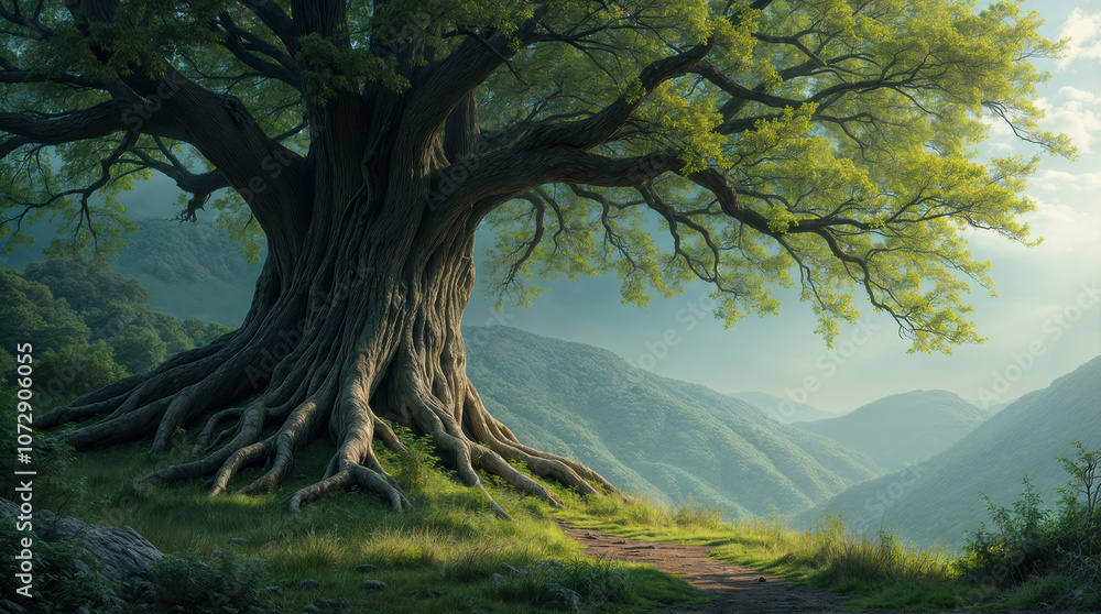 Fototapeta premium A fantasy illustration of a large tree with hills in the background. Landscape. A graphic resource. Space for photographers to create composites.
