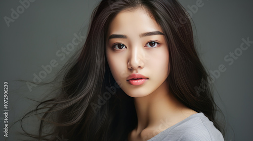 Portrait of smiling asian teenager girl gray background.