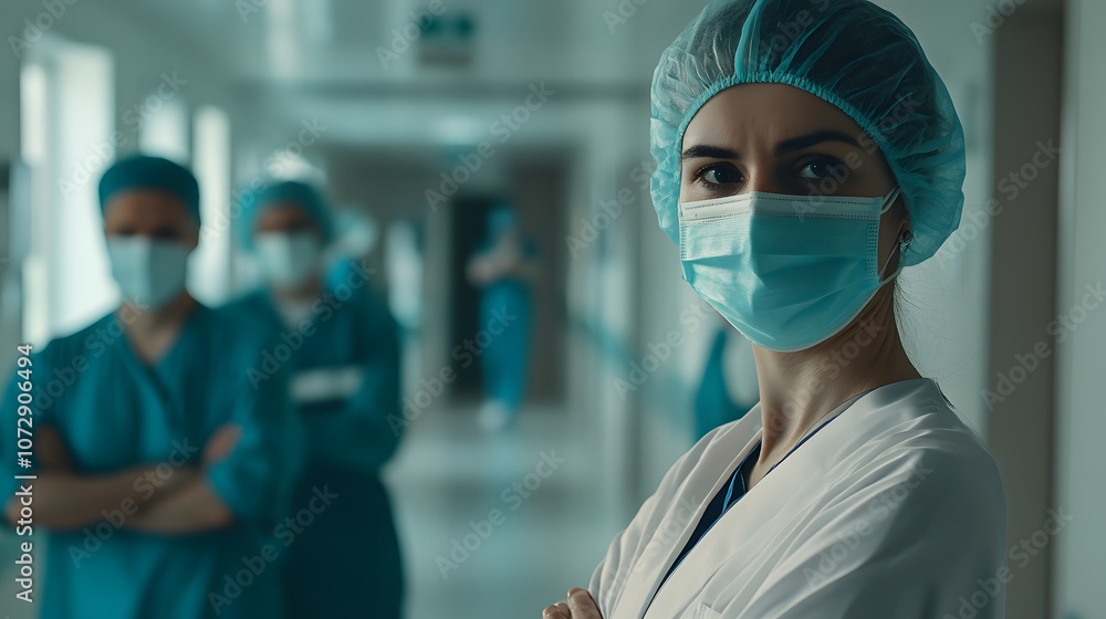 Medical staff wearing masks in a hospital setting, symbolizing dedication and protection in the face of health challenges. Medical staff wearing masks in a hospital setting, symbolizing dedication and protection in the face of health challenges.