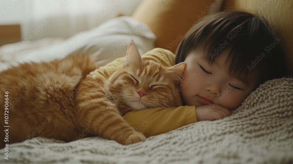 A peaceful child sleeping beside a cozy orange cat on a soft blanket, showcasing warmth. A peaceful child sleeping beside a cozy orange cat on a soft blanket, showcasing warmth.