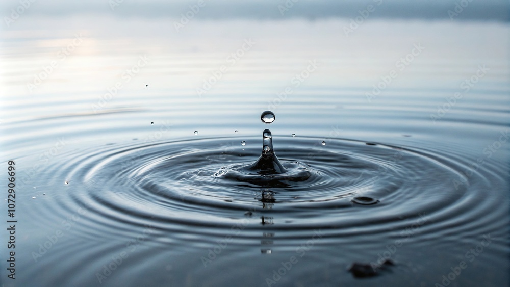 Tiny droplet of ink floating on a calm water surface with gentle ripples, movement, serene, simple Tiny droplet of ink floating on a calm water surface with gentle ripples, movement, serene, simple