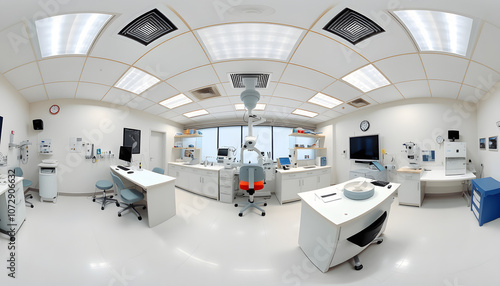 360 hdri panorama inside interior of modern research medical laboratory or ophthalmological clinic with equipment  in equirectangular spherical projection isolated with white highlights, png