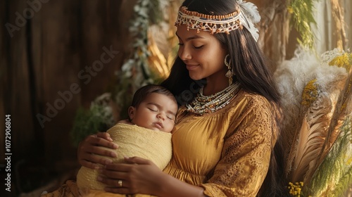 A serene moment between a mother and her sleeping baby, surrounded by nature.