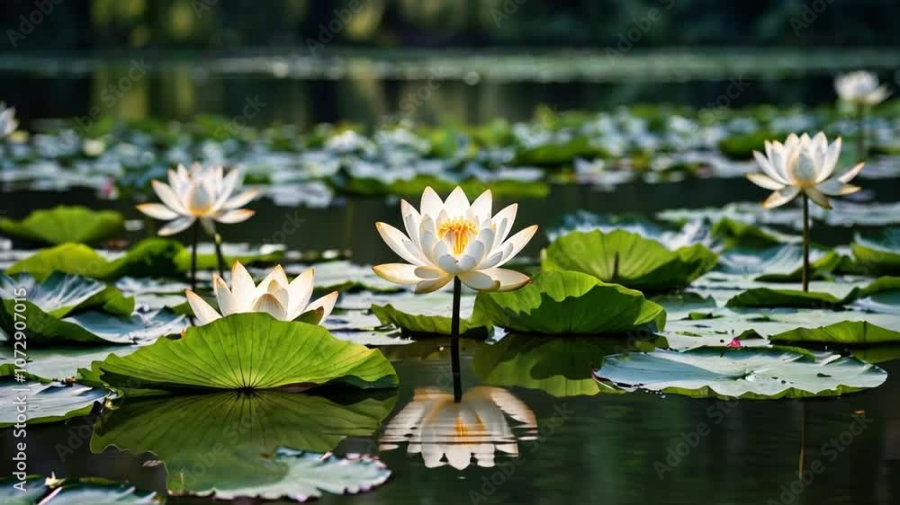 Blooming white lotus flowers on calm water, surrounded by green leaves, evokes tranquility Blooming white lotus flowers on calm water, surrounded by green leaves, evokes tranquility