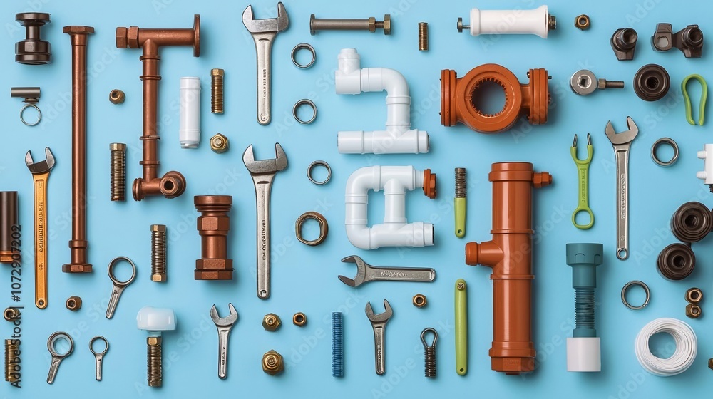 Fototapeta premium Plumbing equipment flat lay, blue background, organized assortment of pipes, nuts, wrenches, minimalistic