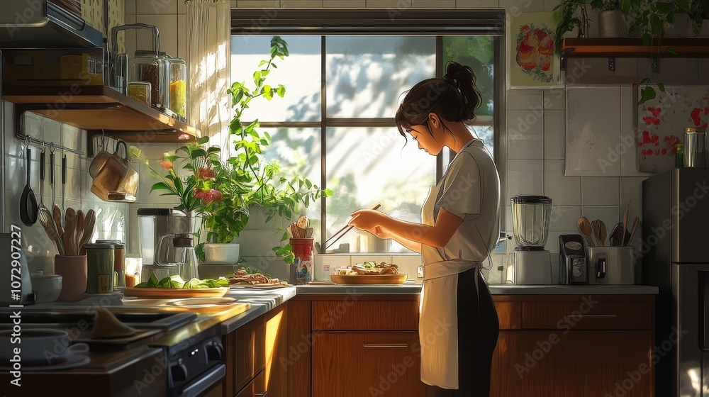 A woman prepares fresh vegetables in a sunlit kitchen, surrounded by greenery. A woman prepares fresh vegetables in a sunlit kitchen, surrounded by greenery.