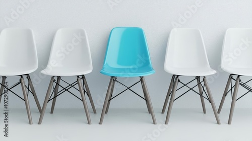 Single blue chair among white chairs in a line, symbolizing talent selection and leadership