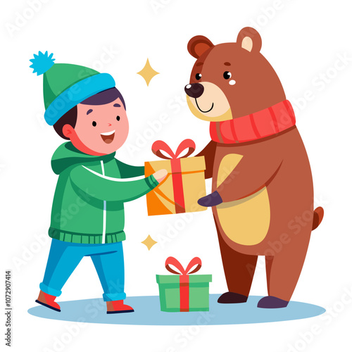 Boy Giving Gift to Bear: A cheerful boy in a winter hat and jacket gives a gift to a friendly bear wearing a red scarf.  The scene is full of warmth and festive cheer. 