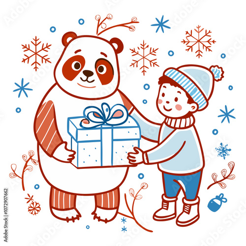 Winter Wonderland Gift Exchange: A cheerful boy in a winter hat presents a wrapped gift to a friendly panda bear adorned with red and white stripes.