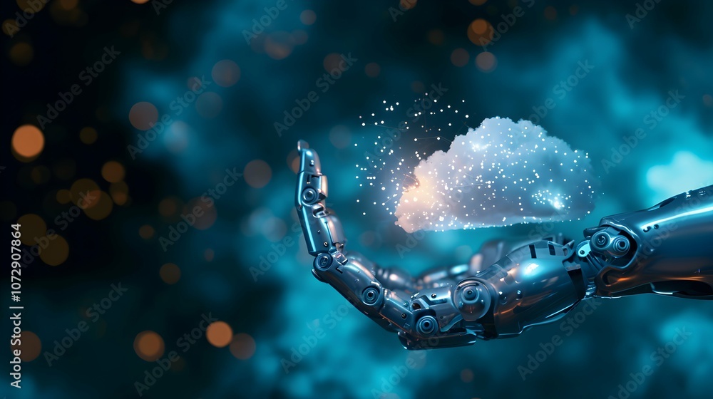 Robot hand Connection in a Digital Landscape with Cloud computing for data storage and transfer for safety Cloud icon with data icon with Blue glowing cloud with a circuit board below it cloud concept Robot hand Connection in a Digital Landscape with Cloud computing for data storage and transfer for safety Cloud icon with data icon with Blue glowing cloud with a circuit board below it cloud concept