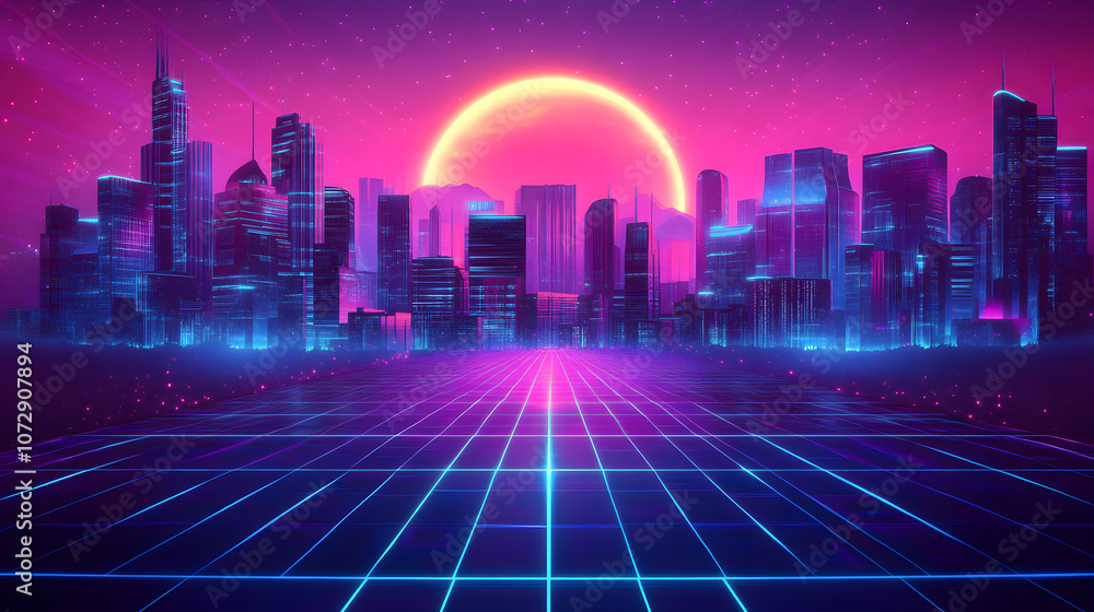Fototapeta premium Retro futuristic design with glowing elements and neon colors.