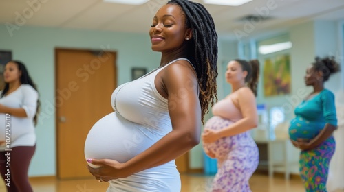 Empowered pregnant women participating in a joyful prenatal fitness class.