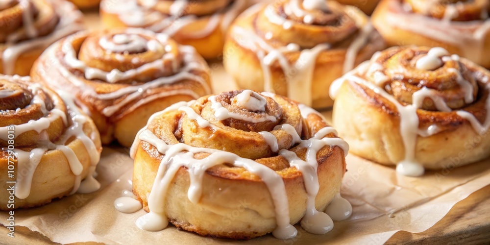 A Close-Up of Freshly Baked Cinnamon Rolls with a Creamy Glaze Drizzling Down the Sides A Close-Up of Freshly Baked Cinnamon Rolls with a Creamy Glaze Drizzling Down the Sides