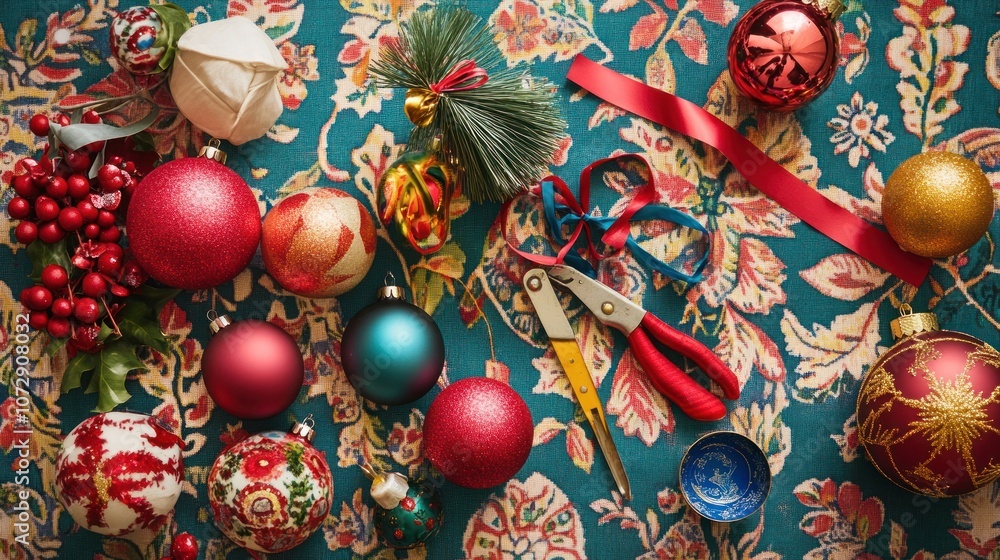 Christmas ornaments, red ribbon, scissors, and pine branches on a patterned fabric background. Christmas ornaments, red ribbon, scissors, and pine branches on a patterned fabric background.