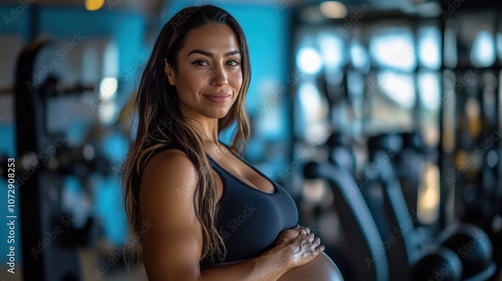 Pregnant woman smiling in gym, showcasing fitness and health during pregnancy. Pregnant woman smiling in gym, showcasing fitness and health during pregnancy.