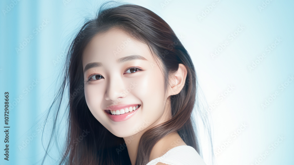 Portrait of smiling asian teenager girl blue background. Portrait of smiling asian teenager girl blue background.