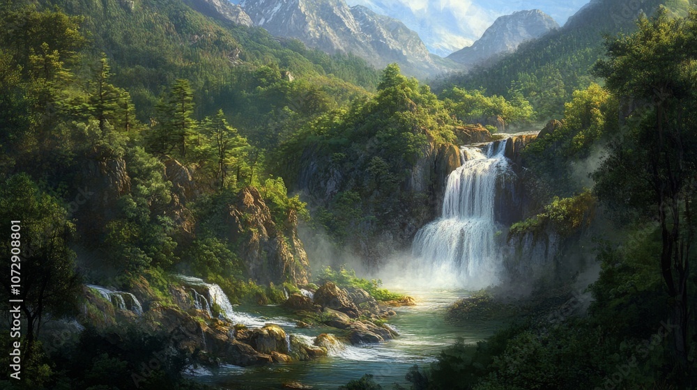 Naklejka premium A secluded waterfall surrounded by dense forest in the Tibetan Plateau