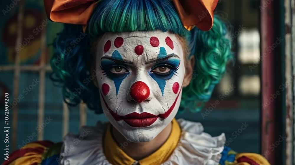 A female clown grieving alone A female clown grieving alone