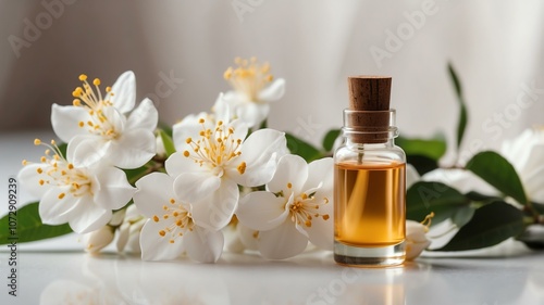 Aesthetic bottle of essential oil on a white silk background. Jasmine on the side.