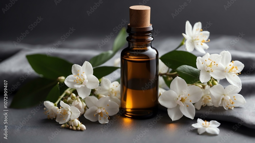 Aesthetic bottle of essential oil on a gray silk background. Jasmine on the side. Aesthetic bottle of essential oil on a gray silk background. Jasmine on the side.