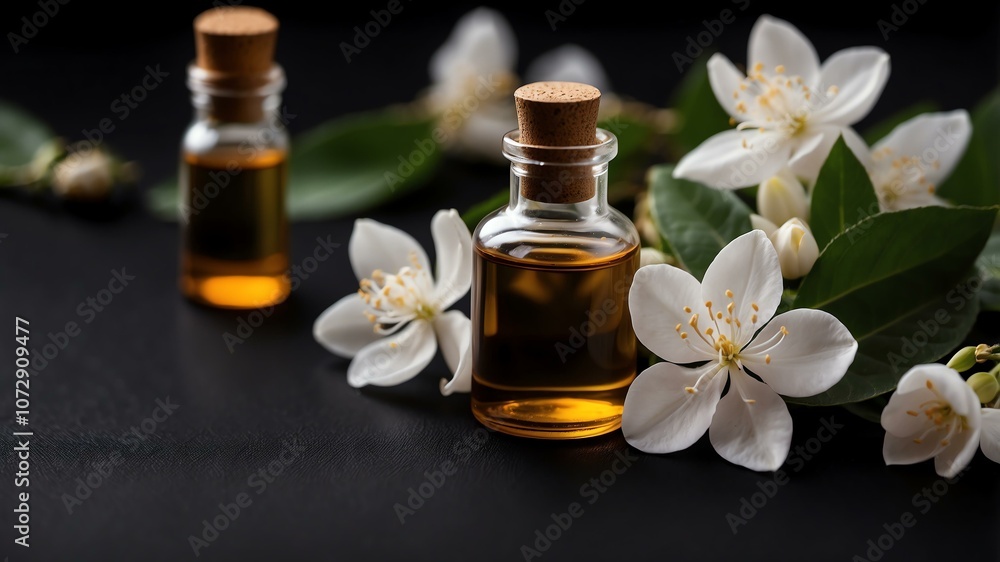 Aesthetic bottle of essential oil on a black silk background. Jasmine on the side. Aesthetic bottle of essential oil on a black silk background. Jasmine on the side.