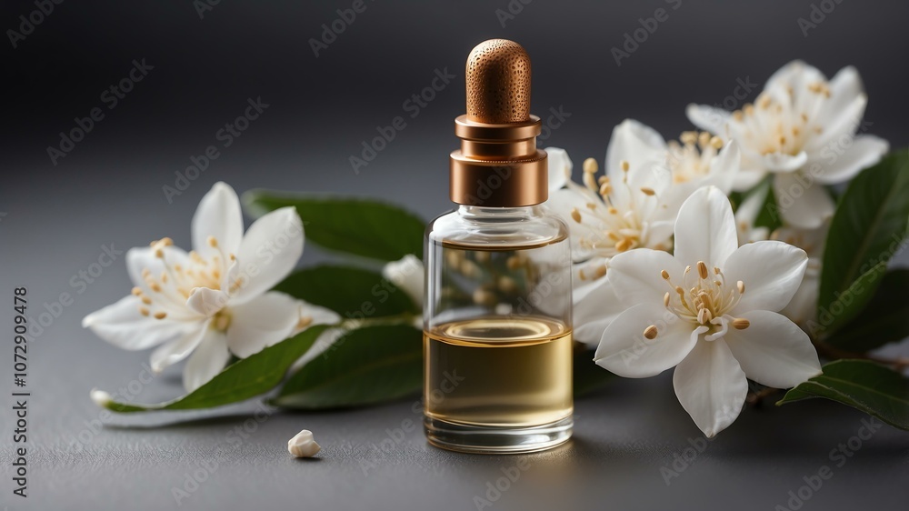 Aesthetic bottle of essential oil on a gray silk background. Jasmine on the side. Aesthetic bottle of essential oil on a gray silk background. Jasmine on the side.