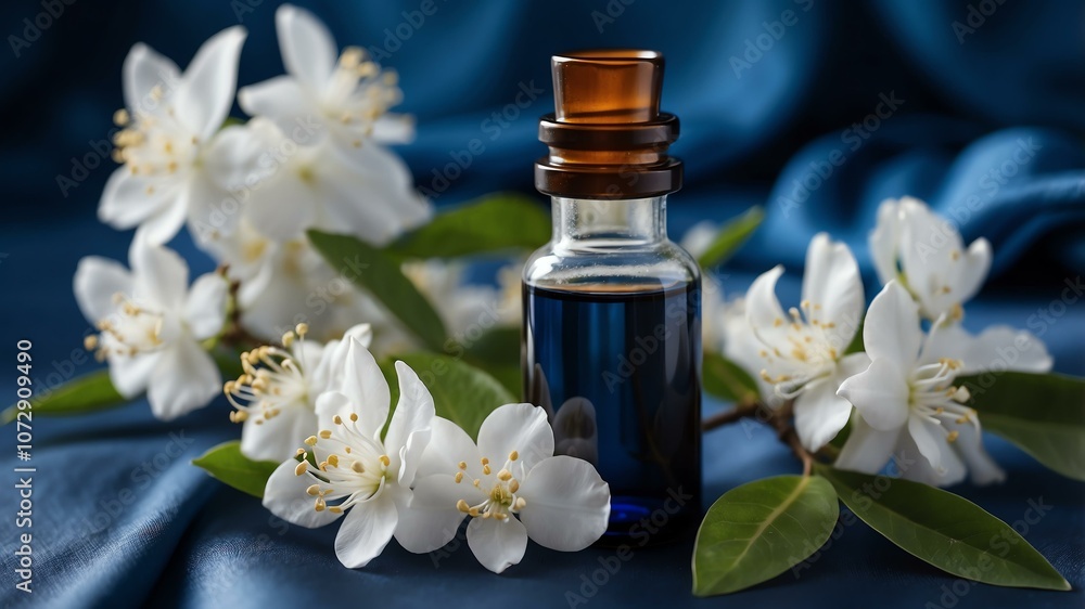 Aesthetic bottle of essential oil on a blue silk background. Jasmine on the side. Aesthetic bottle of essential oil on a blue silk background. Jasmine on the side.