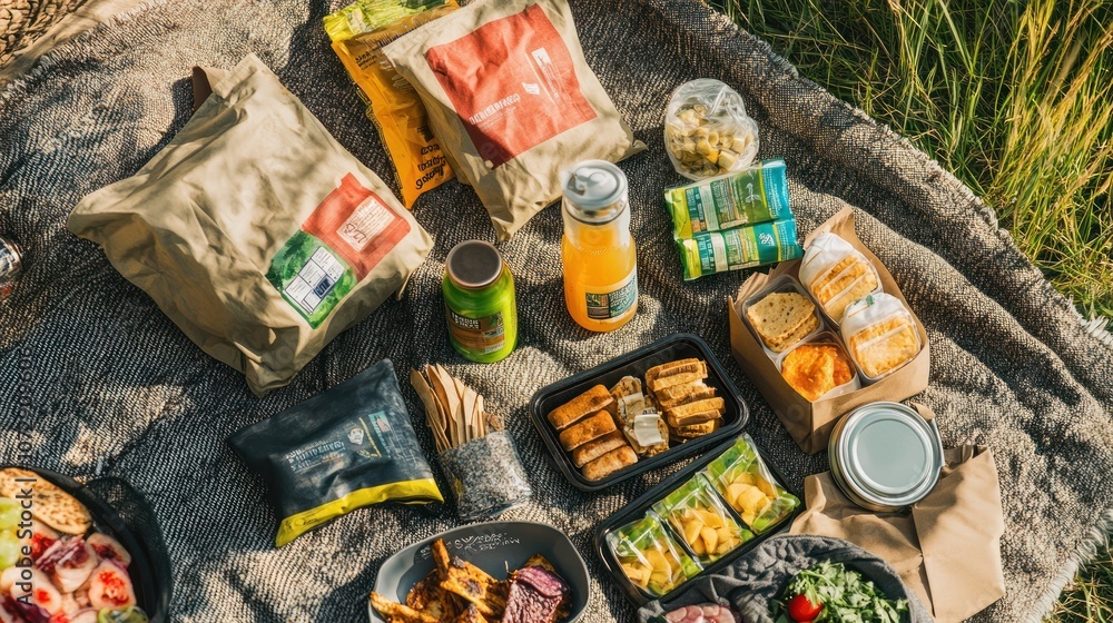 A picnic blanket with a variety of snacks and drinks, including chips, crackers, fruit, and a juice box. A picnic blanket with a variety of snacks and drinks, including chips, crackers, fruit, and a juice box.