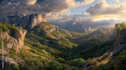 Tranquil view of the Sierra de Alcaraz mountains with lush greenery and rugged peaks under a soft cloudy sky photo