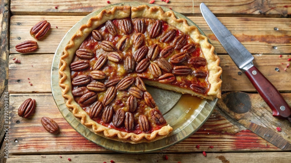 A Rustic Pecan Pie with a Flaky Crust and a Slice Removed, Sitting on a Wooden Table, Ready to Be Devoured