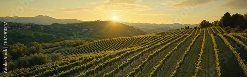 Vineyards basking in golden sunlight during sunrise over rolling hills in the countryside, creating a picturesque landscape