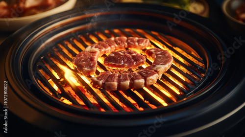 Korean BBQ with warm, vibrant lighting, meats on grill glowing, cozy setting for ultrarealism photo