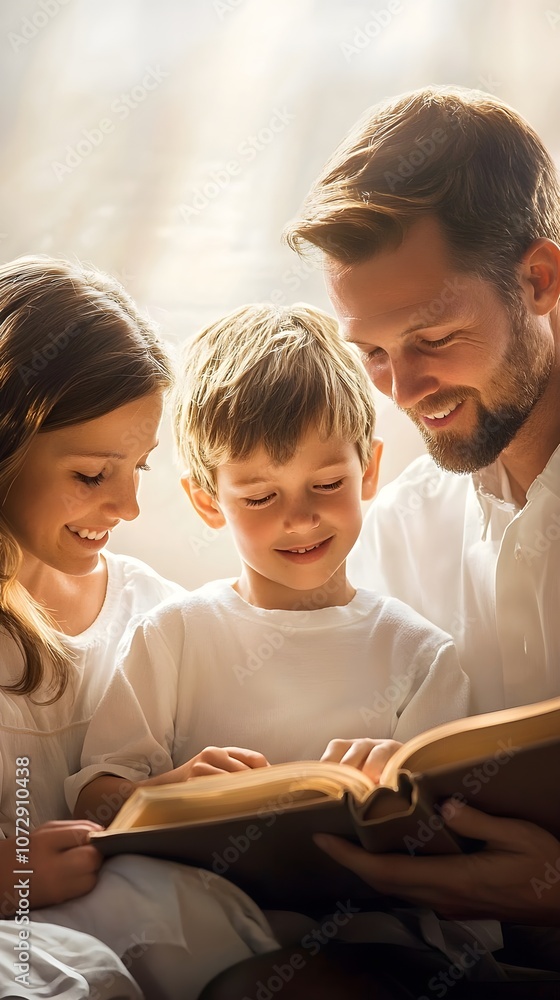A man reads a book to two children A man reads a book to two children