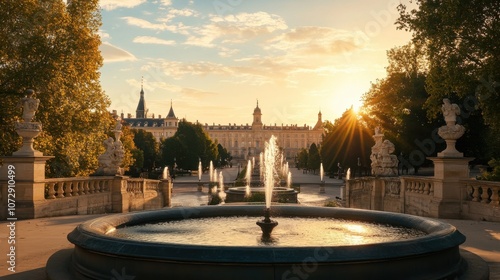 A breathtaking view of Place Stanislas in Nancy at sunset, showcasing classical architecture and vibrant trees in bloom photo