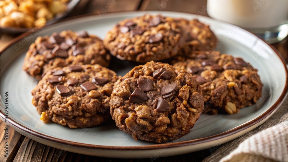 A close-up of four chocolate chip oatmeal cookies arranged on a gray ceramic plate, with a wooden background and a glass of milk in the background. A close-up of four chocolate chip oatmeal cookies arranged on a gray ceramic plate, with a wooden background and a glass of milk in the background.