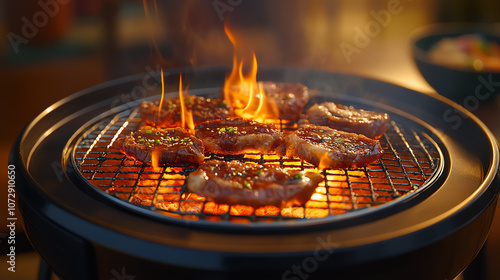 Korean BBQ with warm, vibrant lighting, meats on grill glowing, cozy setting for ultrarealism photo