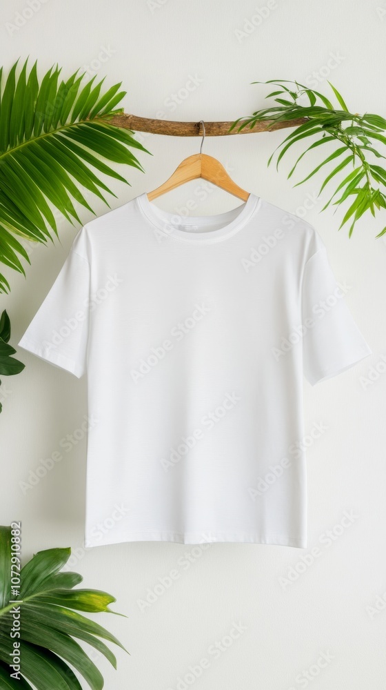 A plain white t-shirt hanging on a wooden hanger against a background of green tropical leaves A plain white t-shirt hanging on a wooden hanger against a background of green tropical leaves