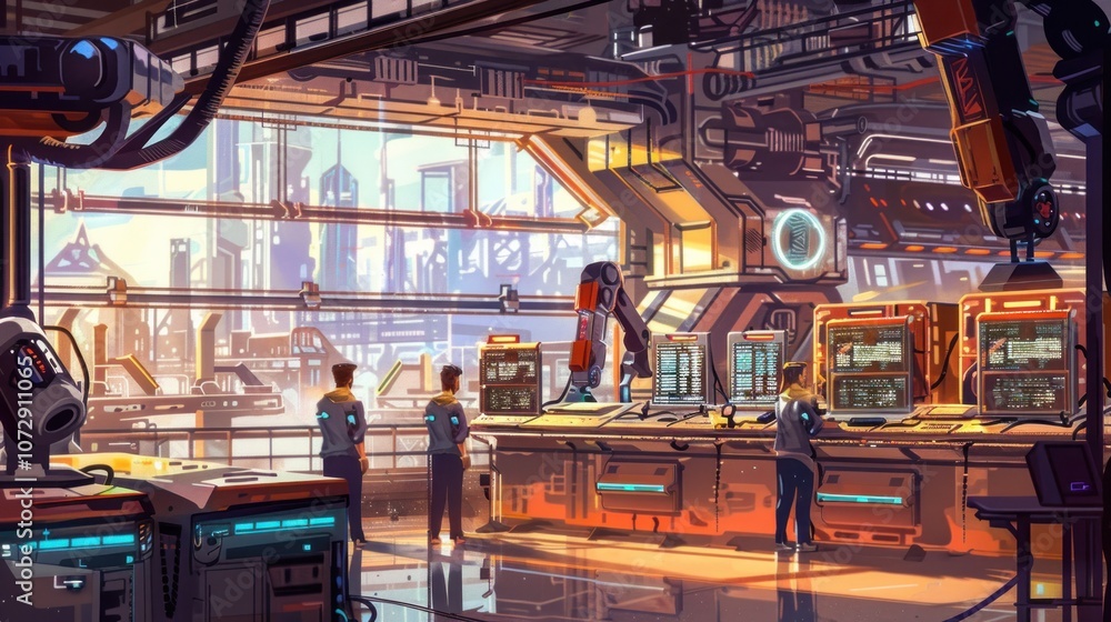 Futuristic control room with city view and two men working. Futuristic control room with city view and two men working.