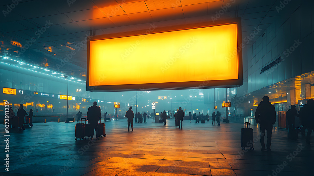 A blank billboard stands prominently at a busy airport terminal with people walking around, ready for advertising display; this image captures a high-traffic public space, symbolizing marketing potent A blank billboard stands prominently at a busy airport terminal with people walking around, ready for advertising display; this image captures a high-traffic public space, symbolizing marketing potent