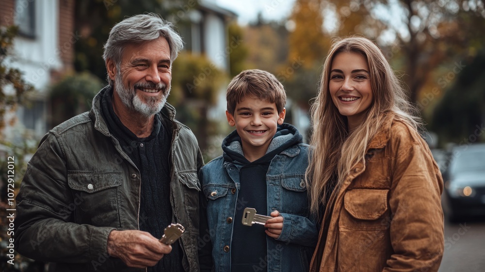 Fototapeta premium Real estate agent handing over the keys to new homeowners after closing the deal happy family standing in front of their new house real estate success
