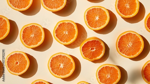 Tangerine slices arranged as a pattern, on a muted cream background with decorative shadows